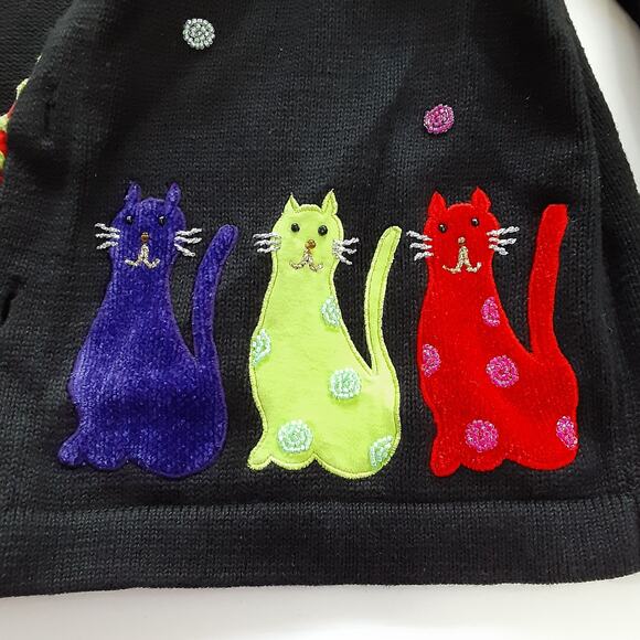 Vintage 90s Cat Cardigan Sweater Black Button Up Embroidered Women L Art to Wear - Picture 4 of 11